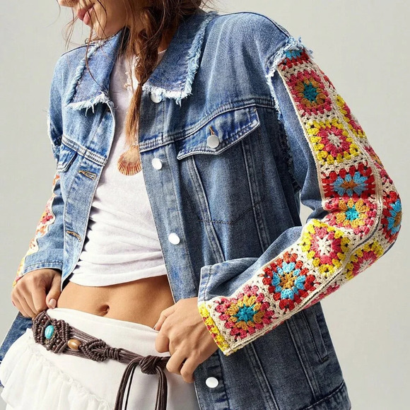 Boho Women's Floral Print Drop Shoulder Long Sleeve Woven denim Jacket Blue